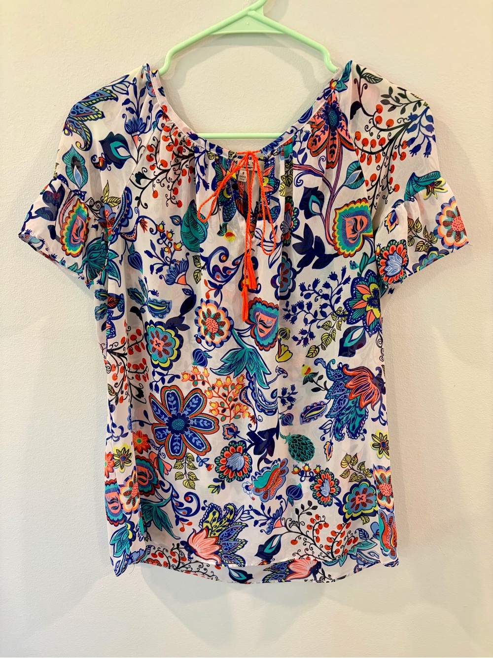 Milly Multicolor Floral Peasant Blouse with Tie Neck
